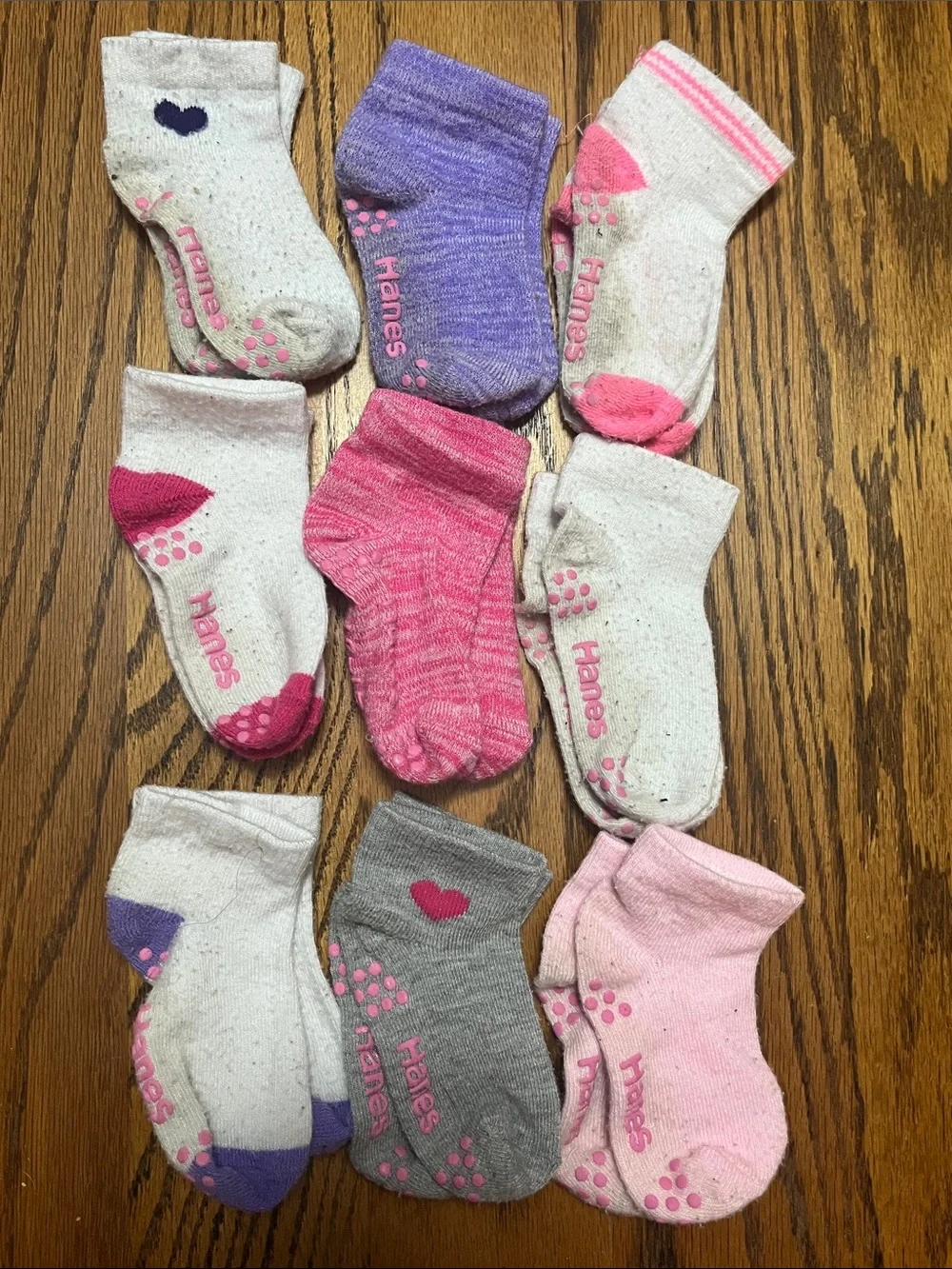 Hanes Kids Non-Skid Crew Socks in Pink, Purple, Gray & White (9-Pack)